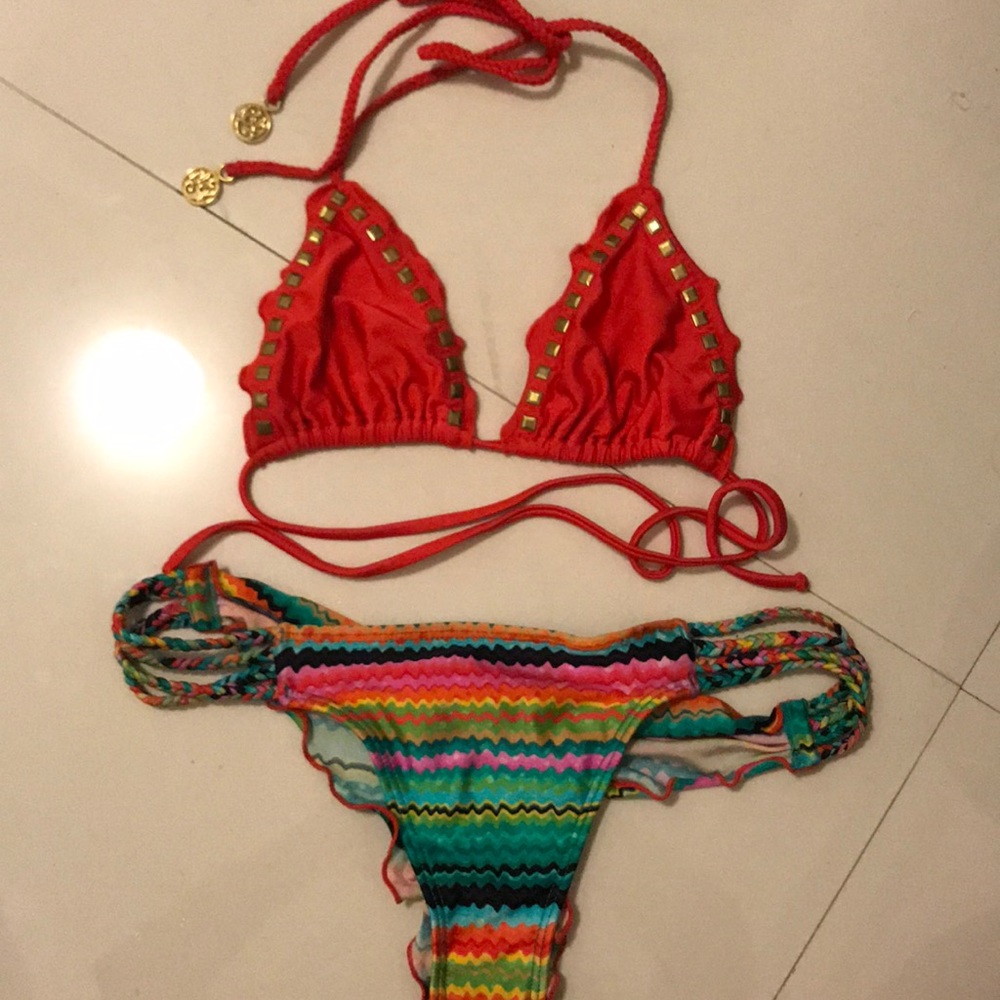 Luli Fama Studded Red and 🌈 Striped bottom 👙